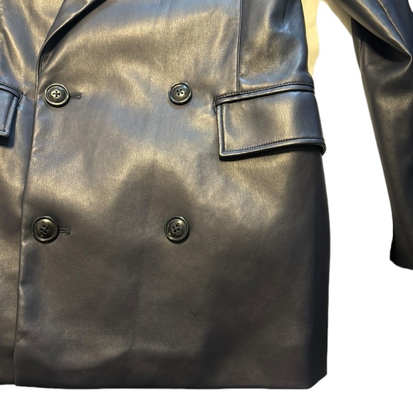 7 For All Mankind Faux Leather Double Breasted Blazer Size Small Navy Going  Out - Picture 3 of 7